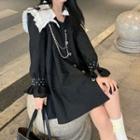 Puff-sleeve Studded Collared A-line Dress