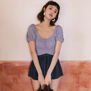 Short-sleeve Plaid Lace Up Swimdress
