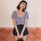 Short-sleeve Plaid Lace Up Swimdress