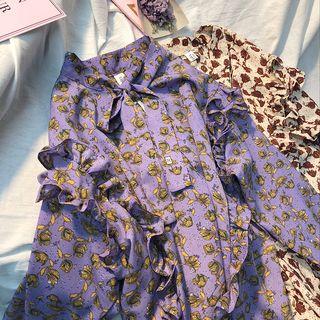 Bow Accent Floral Blouse Purple - One Size
