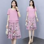 Set: Short-sleeve Blouse + Floral Print A-line Skirt