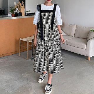 Elbow-sleeve Blouse / Plaid Midi A-line Overall Dress