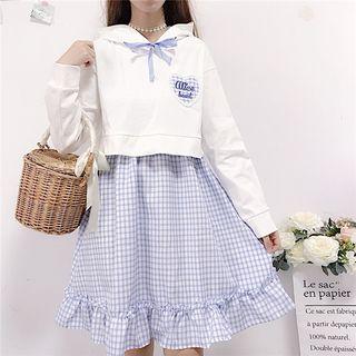 Cropped Lettering Embroidered Hoodie / Sleeveless Gingham Mini A-line Dress