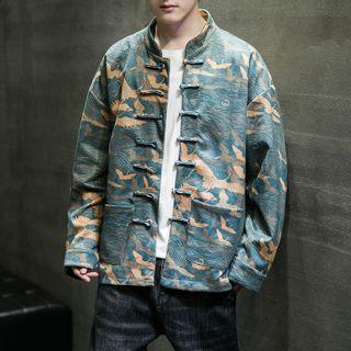 Crane Print Frog-buttoned Stand-collar Jacket