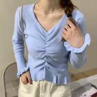 Long-sleeve Frill Trim Crinkled Knit Top
