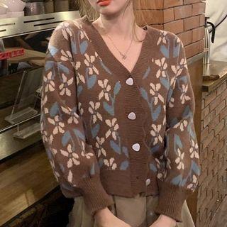 Floral V-neck Cardigan Coffee - One Size