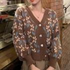 Floral V-neck Cardigan Coffee - One Size