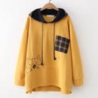 Cat Print Plaid Panel Hoodie