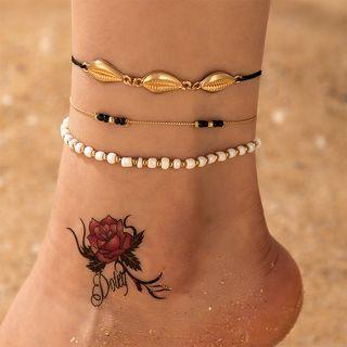 Set Of 3: Beaded Anklet 22213 - Gold - One Size