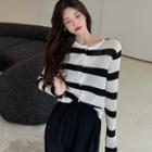 Long-sleeve Black & White Stripe Knit Top Stripe - One Size