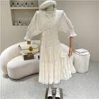 Set: V-neck Shirred Midi A-line Dress + Slipdress Almond - One Size