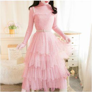 Set: Mock-turtleneck Ribbed Sweater + Sequined Midi Mesh Pinafore Dress
