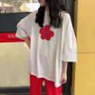 Flower Print Elbow-sleeve T-shirt / Wide Leg Pants