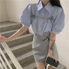 Puff-sleeve Cut-out Shirt / Asymmetrical Mini Pencil Skirt