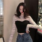 Mock Two-piece Long-sleeve Letter Top Black - One Size
