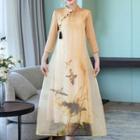 Traditional Chinese 3/4-sleeve Tassel-accent Print A-line Dress