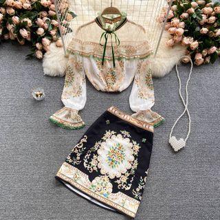 Set Of 2 : Lace Panel Chiffon Print Top + Print A-line Skirt