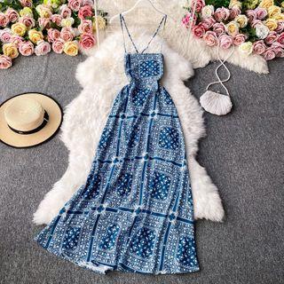 Retro Print Spaghetti-strap Maxi Dress