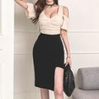 Cold-shoulder Two-tone Side-slit Sheath Dress