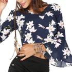Floral V-neck Long-sleeve Cropped Blouse