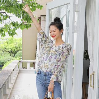 Capelet Ruffled Floral Chiffon Blouse