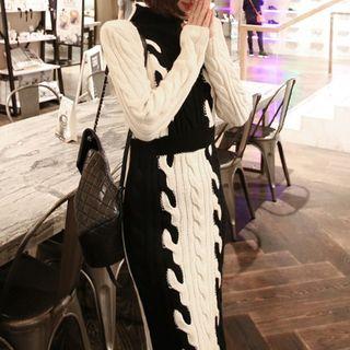 Mock Neck Color Panel Midi Knit Sheath Dress As Shown In Figure - One Size