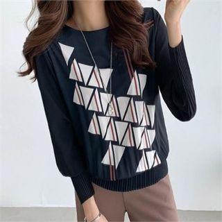 Frilled-hem Patterned Loose-fit Top Black - One Size