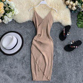 Chain Strap Asymmetric Midi Knit Dress