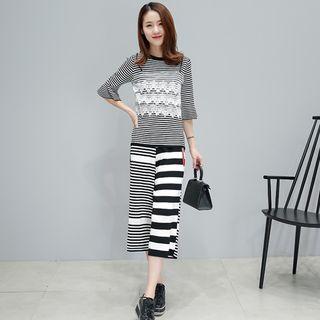 Set: Elbow-sleeve Paneled Top + Striped Cropped Pants