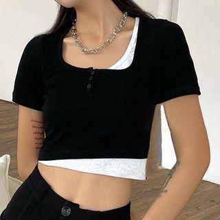 Short-sleeve Mock Two-piece Henley Crop Top