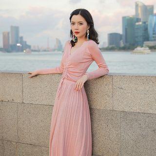 Set: Drawstring Long-sleeve Knit Top + Knitted A-line Skirt
