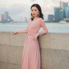 Set: Drawstring Long-sleeve Knit Top + Knitted A-line Skirt