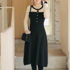 Contrast-panel Flared Midi Knit Dress Beige - One Size