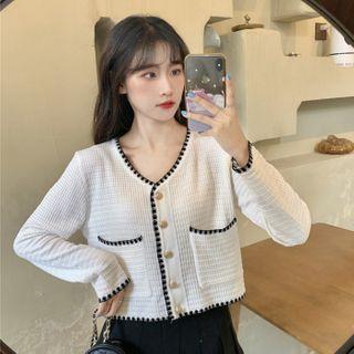 Long-sleeve Buttoned Contrast Trim Knit Top