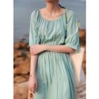 Elbow-sleeve Linen Midi A-line Dress