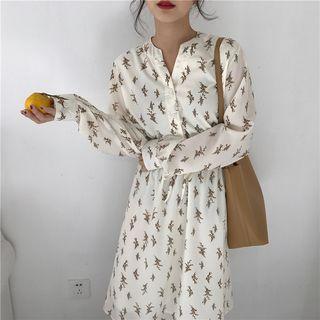Floral Print Long-sleeve Drawstring Waist Dress