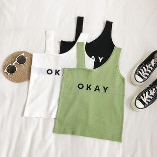 Lettering Asymmetric Shoulder Sleeveless Knit Top