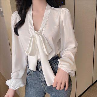 Long-sleeve V-neck Bow Accent Plain Blouse
