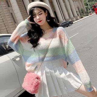 Set: Long-sleeve Color Block Knit Top + Mini A-line Pleated Skirt