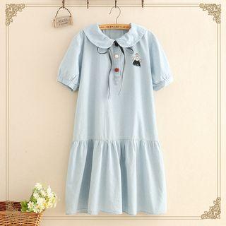 Embroidered Ruffle Trim Demin Dress As Shown In Figure - One Size