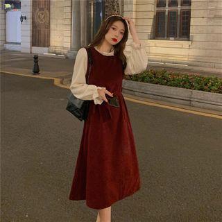 Long-sleeve Mock Two-piece Velvet Midi Dress