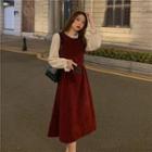 Long-sleeve Mock Two-piece Velvet Midi Dress