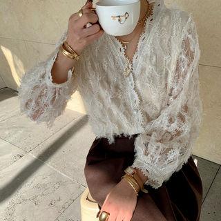 Fringed See-through Lace Blouse Ivory - One Size