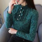 Fleece Lined Stand Collar Lace Blouse