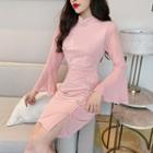 Frog-buttoned Flared-sleeve Sheath Dress