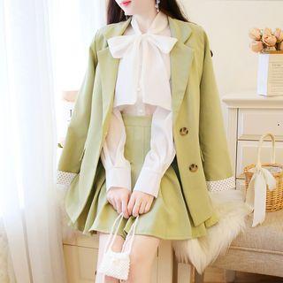 Set: Tie-neck Blouse + Double-breasted Blazer + Pleated Skirt
