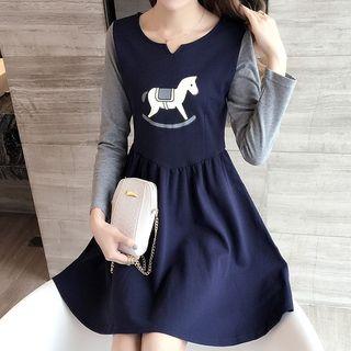 Print Split-neck Panel Long-sleeve Dress