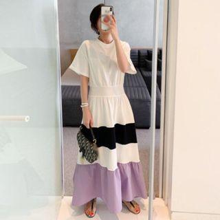 Short-sleeve Color Block Maxi A-line Dress Black - One Size