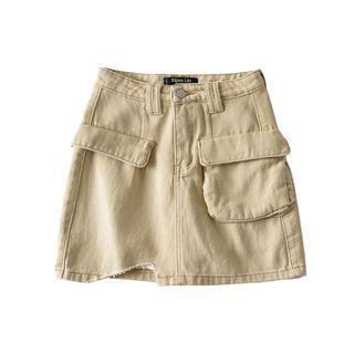 Distressed Mini A-line Cargo Denim Skirt