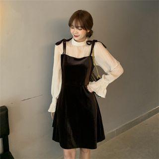 Long-sleeve Mock Two-piece Velvet Mini Dress